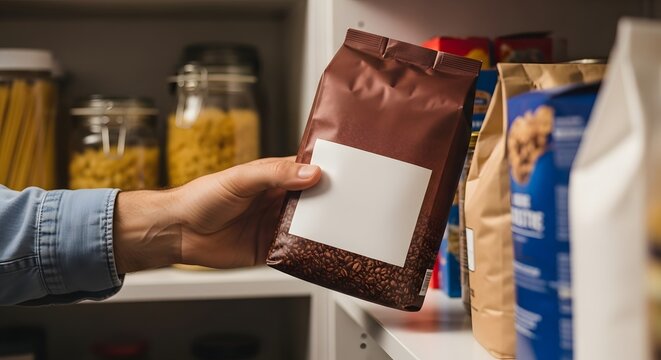 Stocking pantry with coffee beans bag in hand for morning brew and food storage organization shelf at home - Powered by Adobe