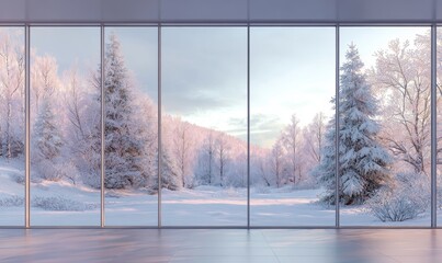 A window view of a snowy forest with trees and a mountain in the background