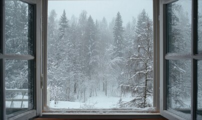A window view of a snowy forest with trees covered in snow