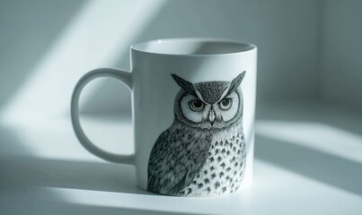 A mug with an owl on it sits on a white table