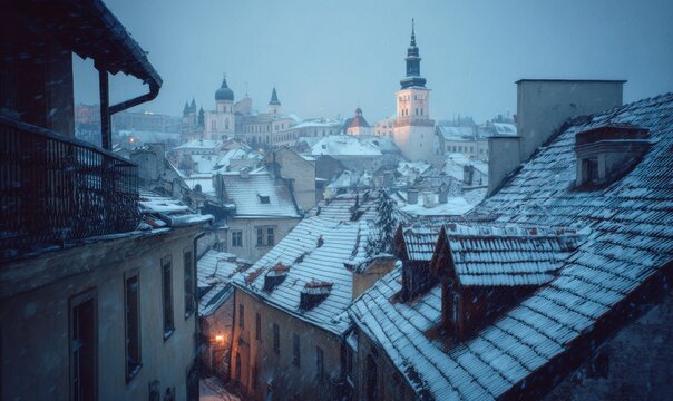 A snowy cityscape with a tall building in the background