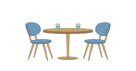Fototapeta premium Two blue chairs and a round wooden table with two glasses of water Keywords: table, chairs, dining, furniture