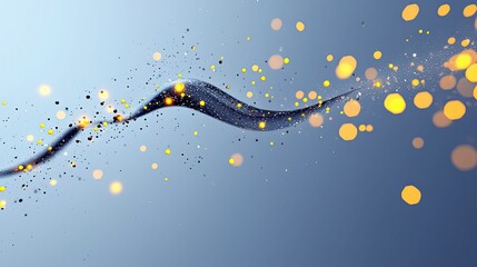 A dark, flowing ribbon-like shape is surrounded by scattered yellow and black particles and soft, glowing bokeh lights against a muted blue background.
