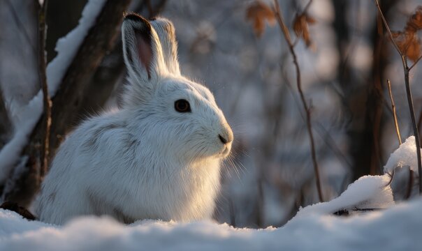 A white rabbit is sitting in the snow