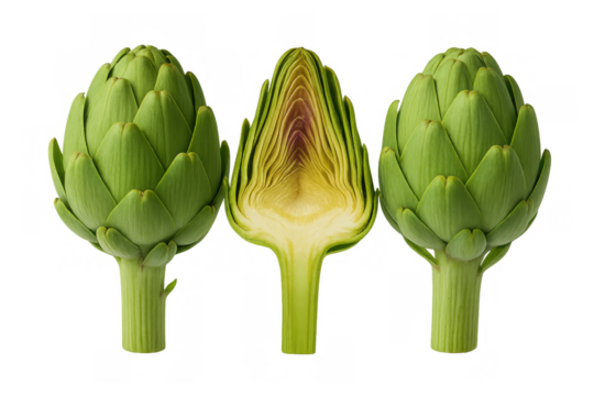 Fresh green globe artichokes and a halved artichoke heart displaying raw edible flower food on transparent background