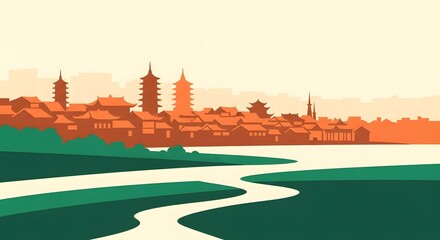Silhouette of traditional Asian cityscape with green river