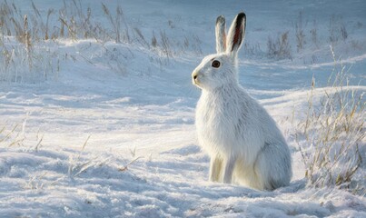 A white rabbit is sitting in the snow