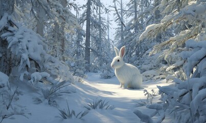 A white rabbit is sitting in the snow in a forest