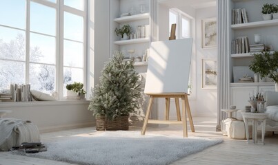 A white room with a Christmas tree and a white easel