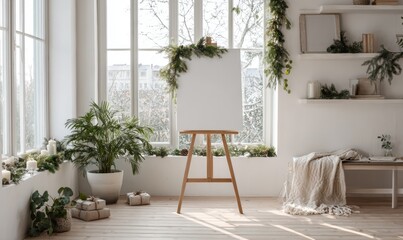 Fototapeta premium A white canvas is propped up against a wall in a room with a window