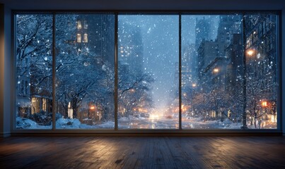 A window view of a snowy city street with a car driving by