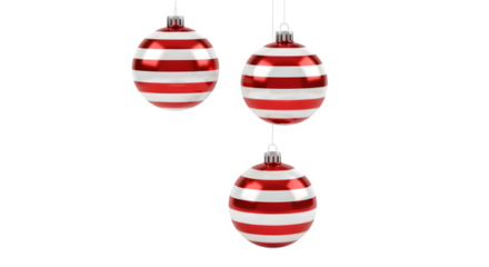 Three oval shaped christmas ornaments with red and white stripes hanging isolated on transparent background