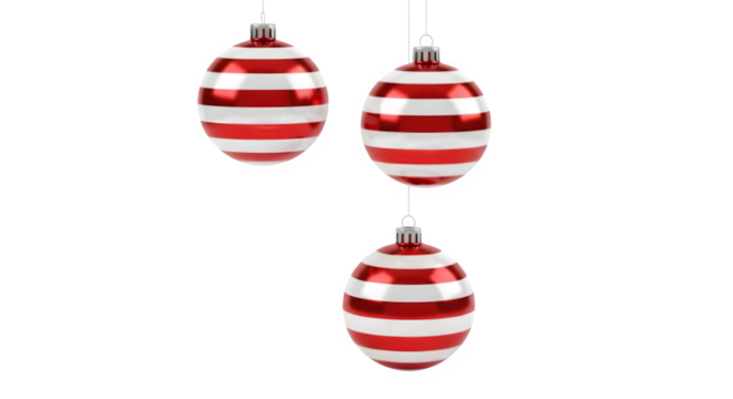 Three oval shaped christmas ornaments with red and white stripes hanging isolated on transparent background