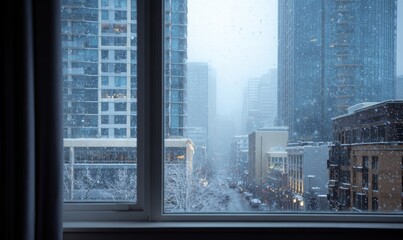 A window view of a city with snow on the ground and buildings in the background