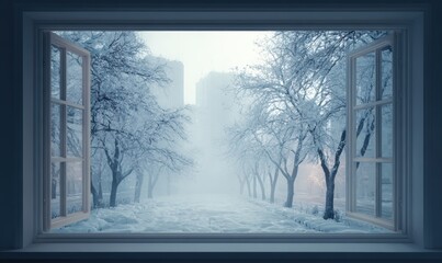 A window view of a snowy city street with trees in the background
