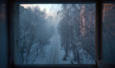 A window view of a snowy street with trees in the background