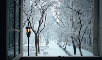 A window view of a snowy street with a street lamp in the foreground