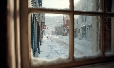 A window view of a snowy street with a person walking in the snow