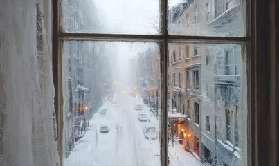 A window with a view of a snowy city street