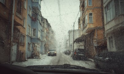 A car is driving down a street in a city with rain on the windshield