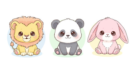 Obraz premium Cute cartoon animals lion, panda, and bunny