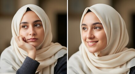 A young woman wearing a hijab with a thoughtful expression in one image and a cheerful smile in the other, showcasing different moods and expressions in a close-up portrait