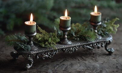 Three candles are lit on a silver tray with green leaves