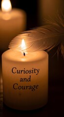 A lit candle with a feather resting against it, emitting a warm glow and inscribed with the words 'Curiosity and Courage' in a calm, reflective setting