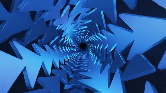 Abstract blue arrow tunnel perspective digital art background design.