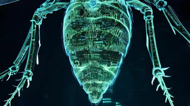 Futuristic insect illustration with digital-style glowing veins on black background - Powered by Adobe