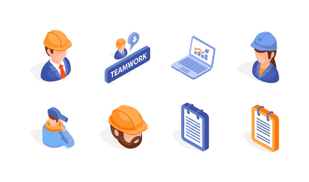 Isometric icons of business teamwork with construction and office tools