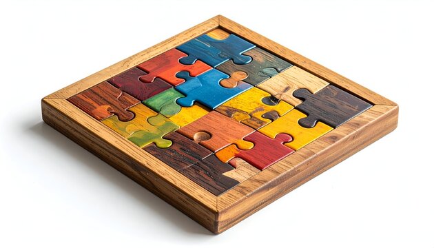A wooden puzzle box with a colorful, complete puzzle inside, on white background - Powered by Adobe