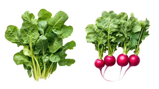 Fresh picked moringa leaves and moringa leaf powder in neat piles on transparent background