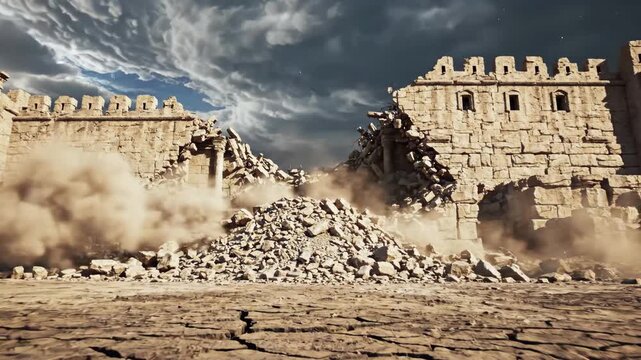 A fortress wall crumbles, dust cloud billowing. Overcast sky. Dry cracked earth. Destruction