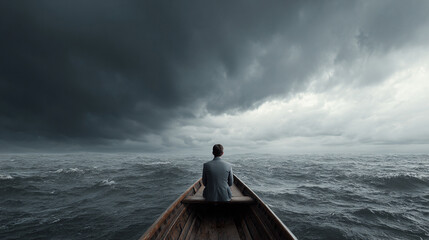 A businessman stands at the back of a small boat in a raging storm, symbolizing leadership, resilience, and navigating challenges to find strategic business solutions.
