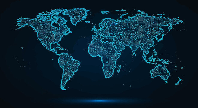 World map made of circuit board pattern on dark blue background