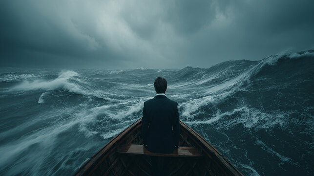 A businessman stands at the back of a small boat in a raging storm, symbolizing leadership, resilience, and navigating challenges to find strategic business solutions.

