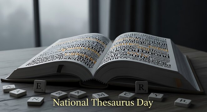 Thesaurus book opened with scattered alphabet tiles