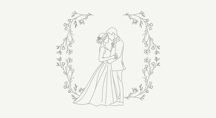 Elegant wedding couple embracing inside floral wreath