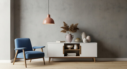 Stylish living room interior with blue armchair, cabinet and decorations near gray wall