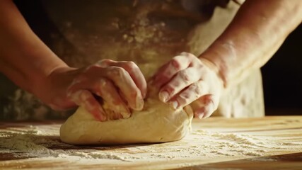 Artisan hands knead dough for homemade bread on a rustic wooden surface, showcasing culinary passion