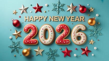 Festive 2026 Happy New Year Cookie Themed Design with Red Gold Ornaments and Sparkling Stars on Teal Background Ideal for Holiday Greeting Cards and Party Invitations