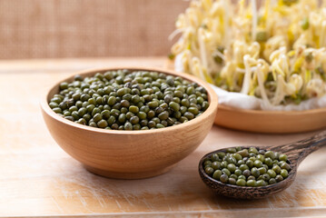 Mung bean seeds and sprouts on wooden background, Food ingredient in Asian cuisine