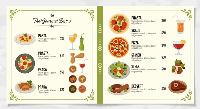 Elegant restaurant menu template with delicious dishes - Powered by Adobe