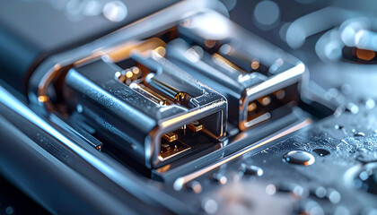 USB Port Connection: A close-up view of a USB port embedded in a sleek electronic device, highlighting the intricacies of technology, connections, and the digital world.