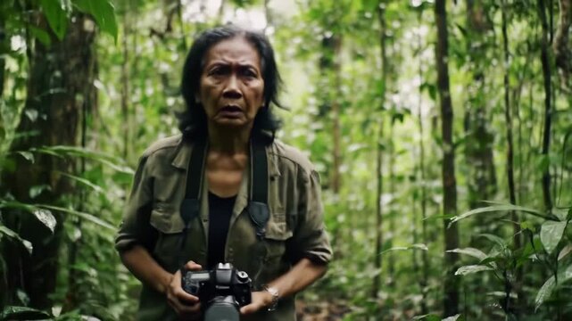 Exploring nature: Photographer amidst lush foliage capturing moments in the vibrant forest