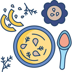 Whimsical Illustration of Creamy Yellow Soup with Pumpkin Slices Seeds and Dill Sprigs in a Blue Bowl Accompanied by a Teal Spoon on a Transparent Background