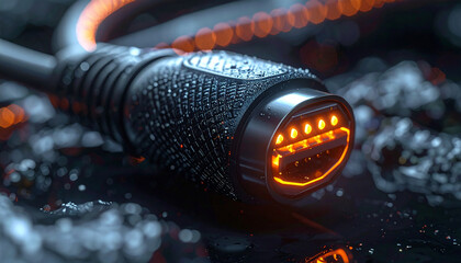 Tech Connector Close-up: An HDMI connector, illuminated with vibrant orange lights, showcases intricate details and technological elegance. Water droplets add a touch of freshness. 