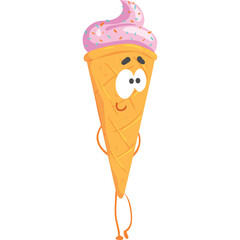 Whimsical Pink Sprinkled Ice Cream Cone Character with Big Eyes and Cute Arms Standing on Transparent Background Cheerful and Playful Food Art