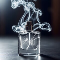 A shattered glass perfume bottle with smoke rising from the opening, creating a dramatic and artistic visual effect on a dark background